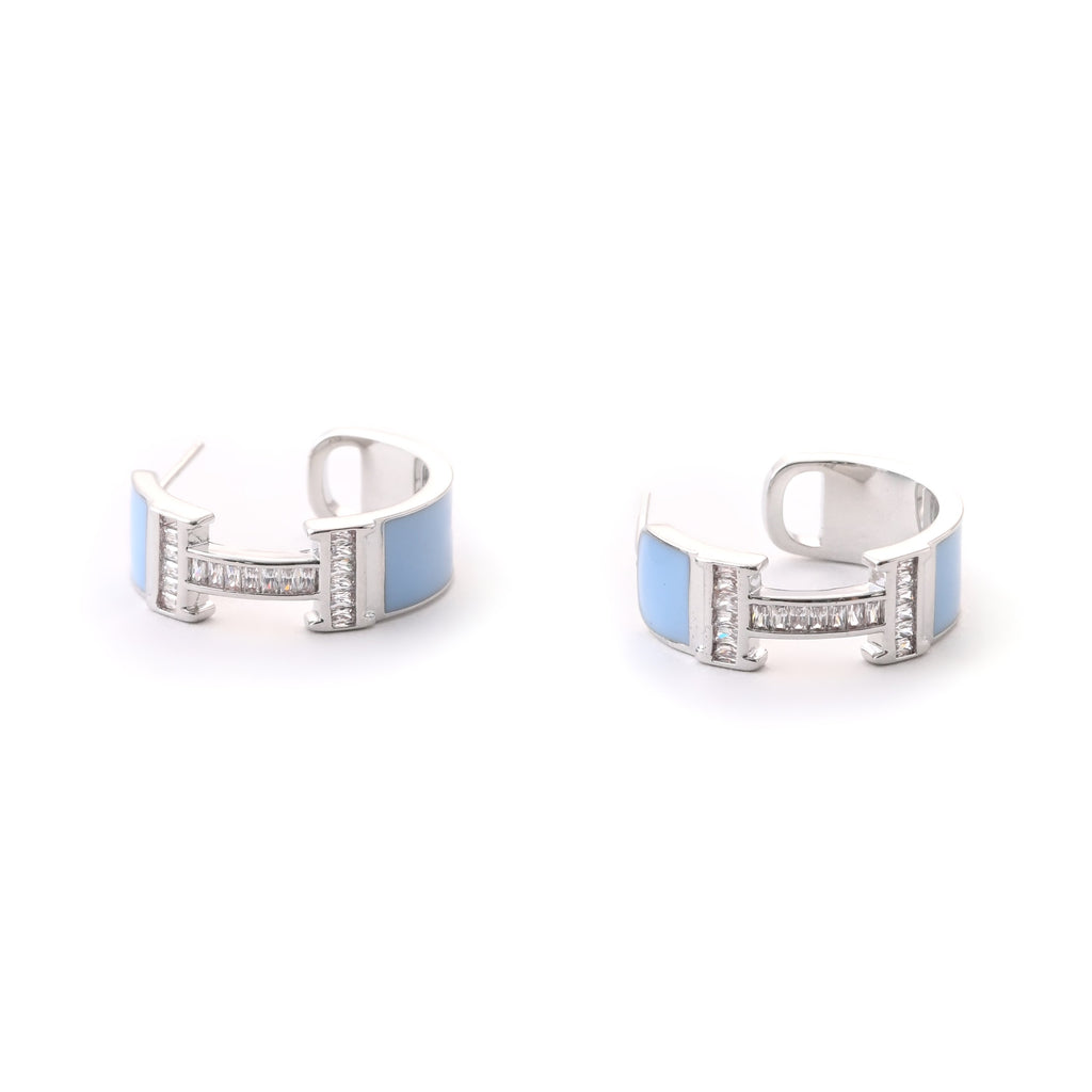 Elegant Silver and Blue Enamel Geometric Earring