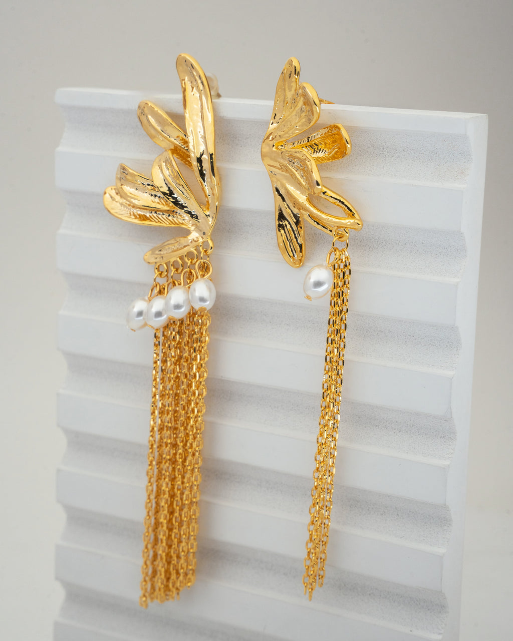 Elegant Gold Floral Pearl Tassel Earrings