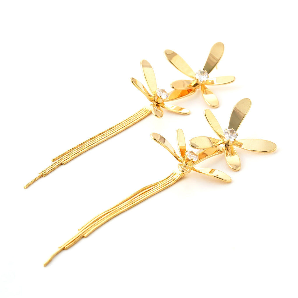 Elegant Floral Gold-Plated Drop Earrings with Crystal Accents