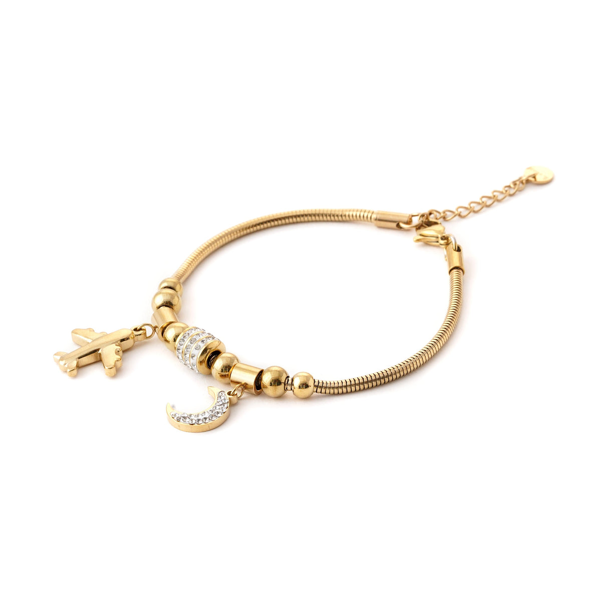 Elegant Gold Bracelet with Airplane and Moon Charms