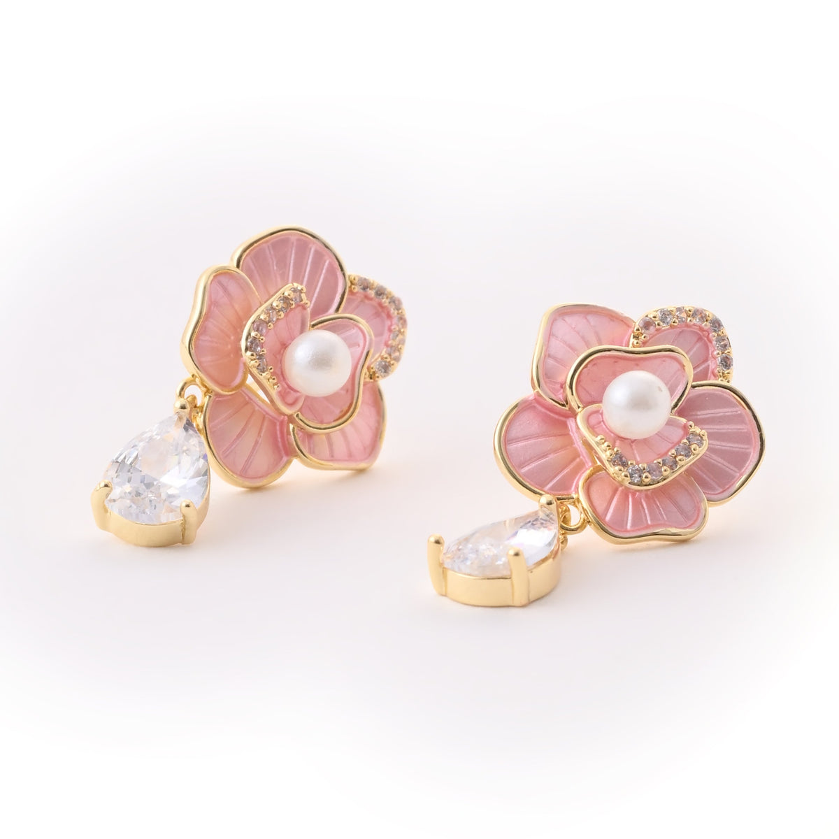 Elegant Pink Enamel Floral Earring with Pearl Center and Teardrop Crystal