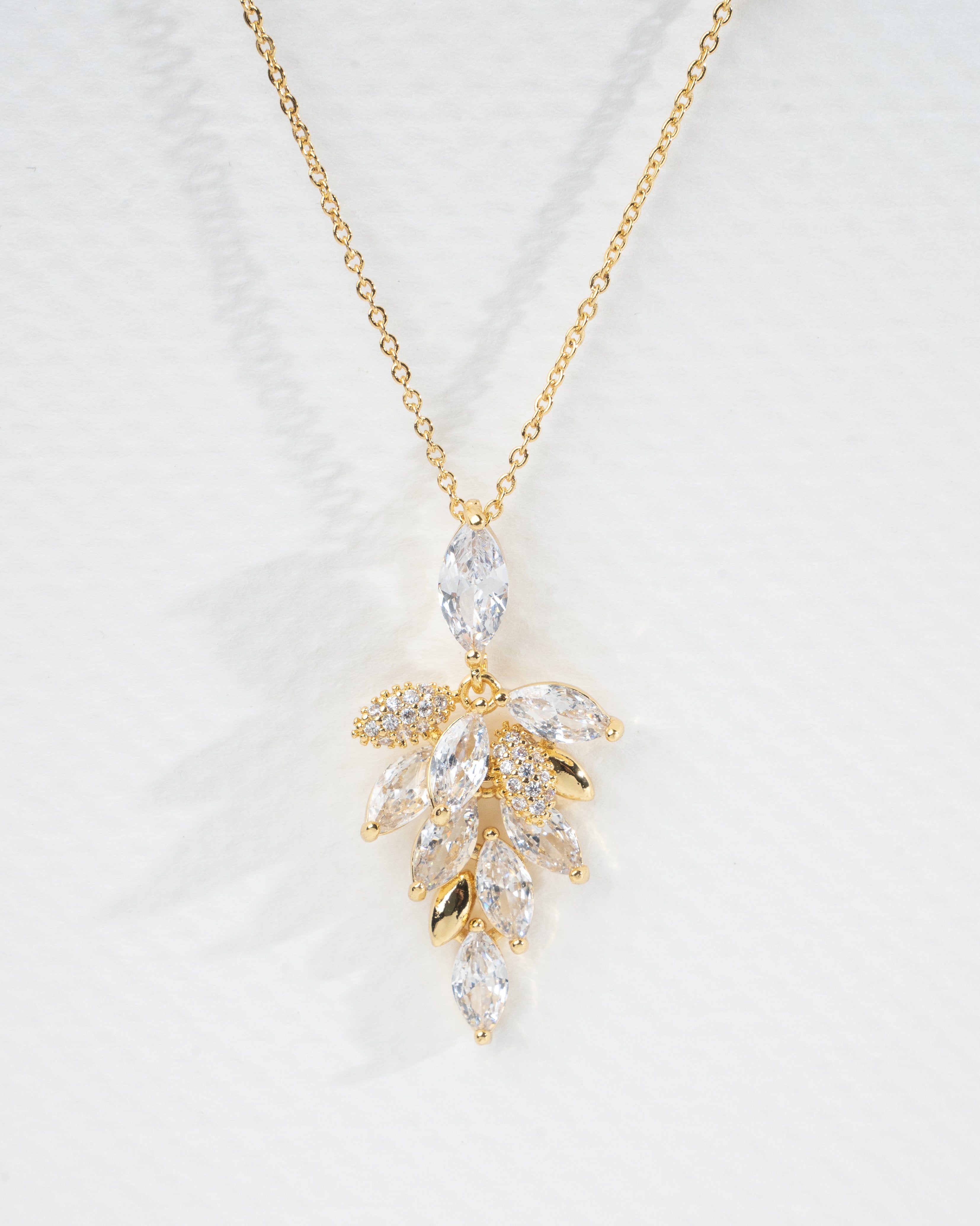 Elegant Gold Plated Leaf Crystal Necklace