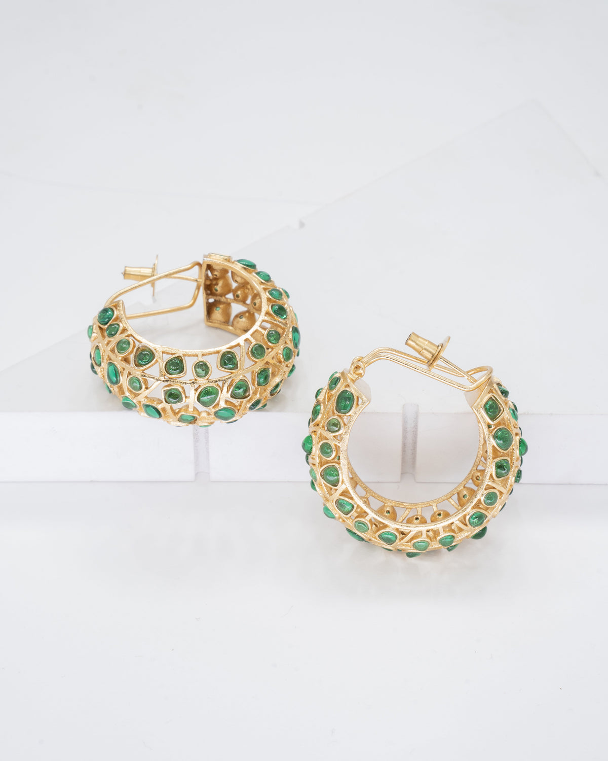 Elegant Gold-Toned Hoop Earrings with Emerald Green Accents
