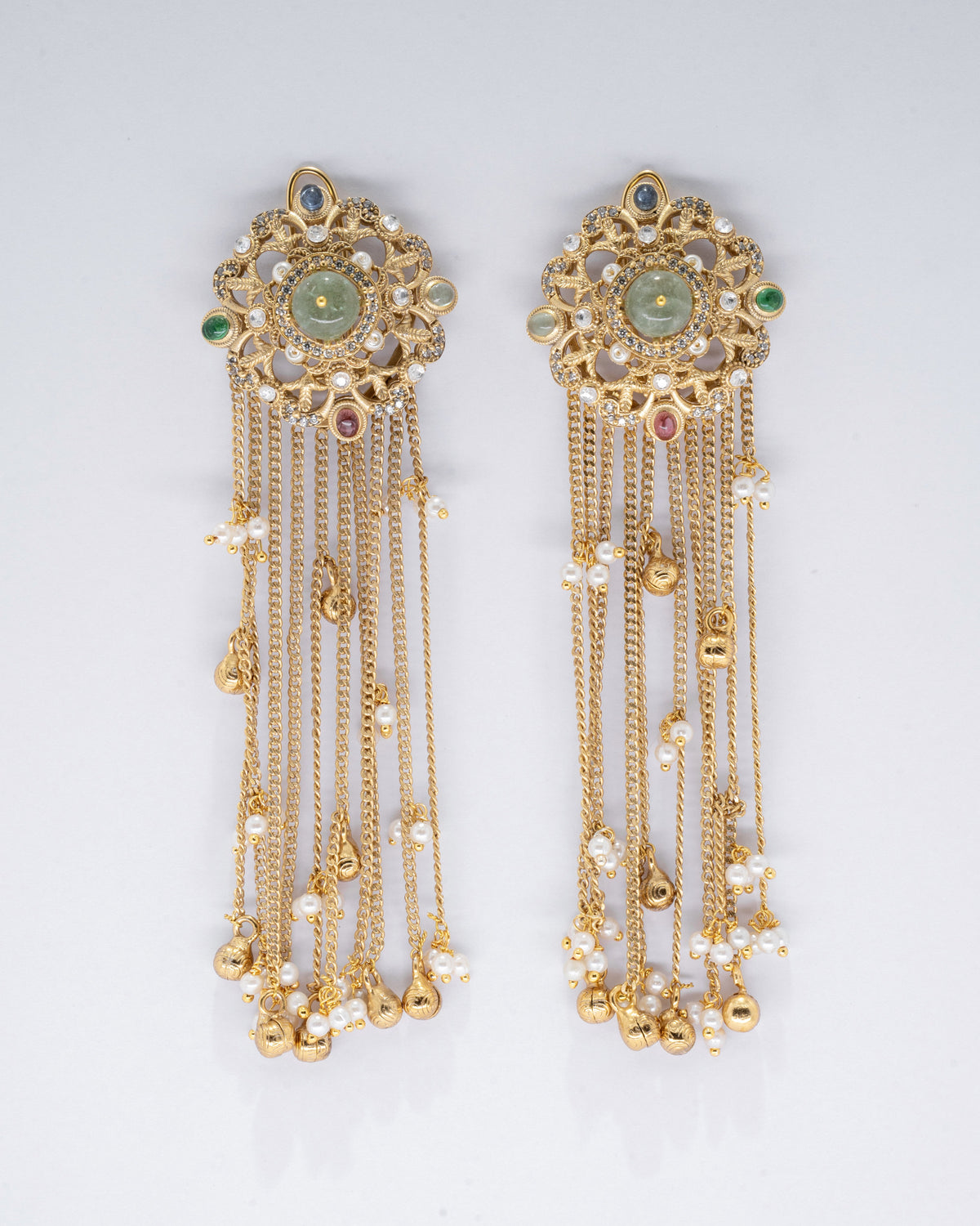 Exquisite Gold Chandelier Earrings with Gemstones and Pearls