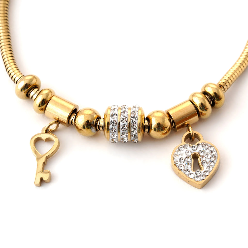 Elegant Gold Charm Bracelet with Key and Heart Pendants