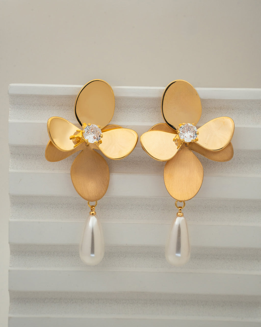 Elegant Floral Gold-Plated Drop Earrings with Pearl Accents