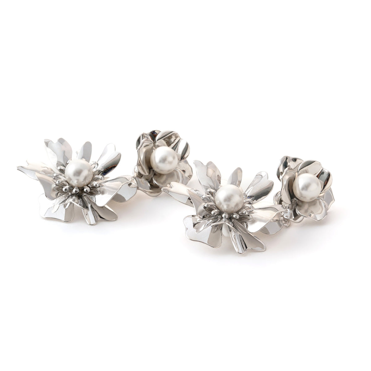 Elegant Silver Flower Drop Earrings with Pearl Accents