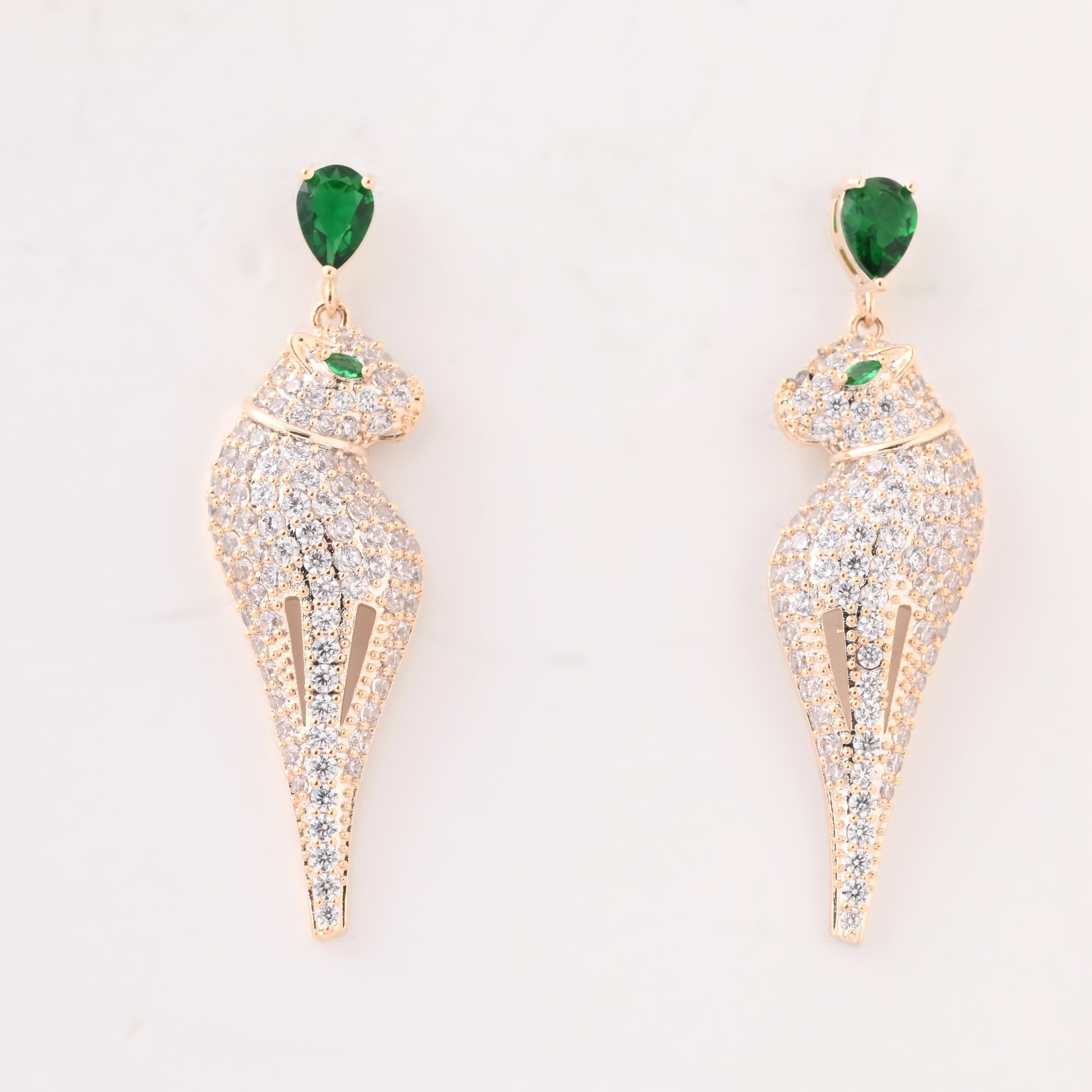 Elegant Emerald Panther Drop Earrings