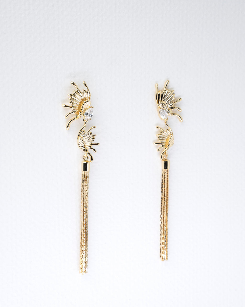 Elegant Sunburst Crystal and Gold Tassel Earrings