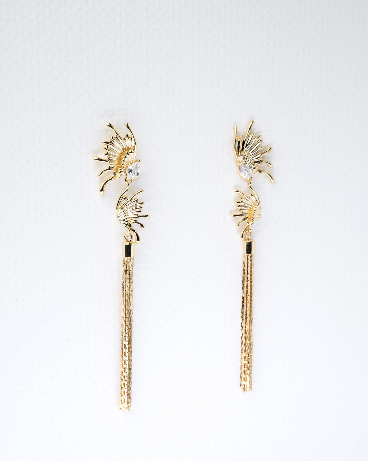 Elegant Sunburst Crystal and Gold Tassel Earrings
