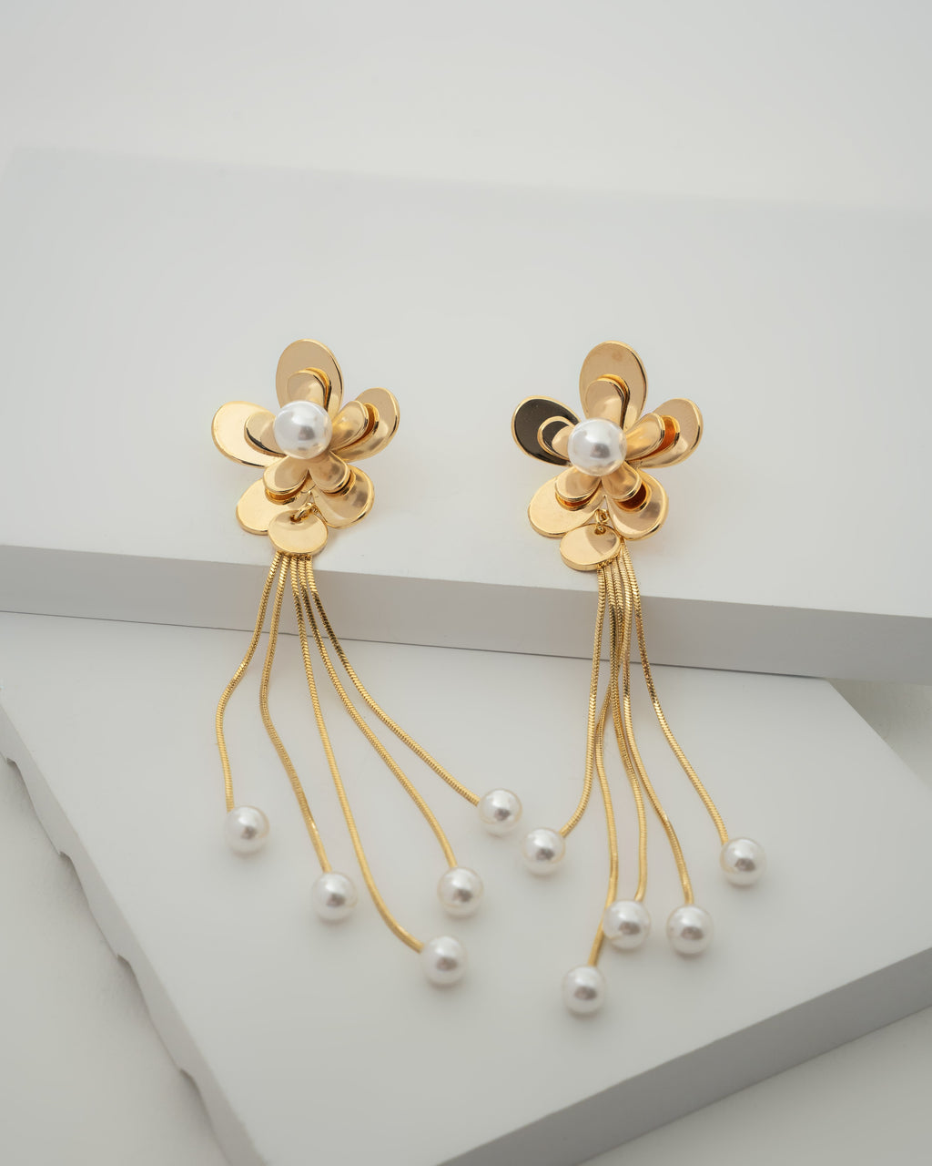 Elegant Gold-Plated Floral Pearl Drop Earrings