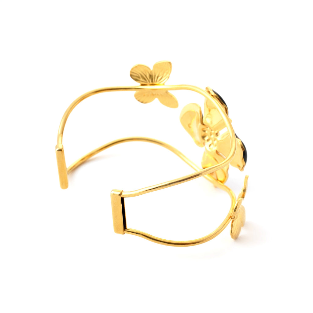 Elegant Black Floral Gold-Plated Cuff Bracelet