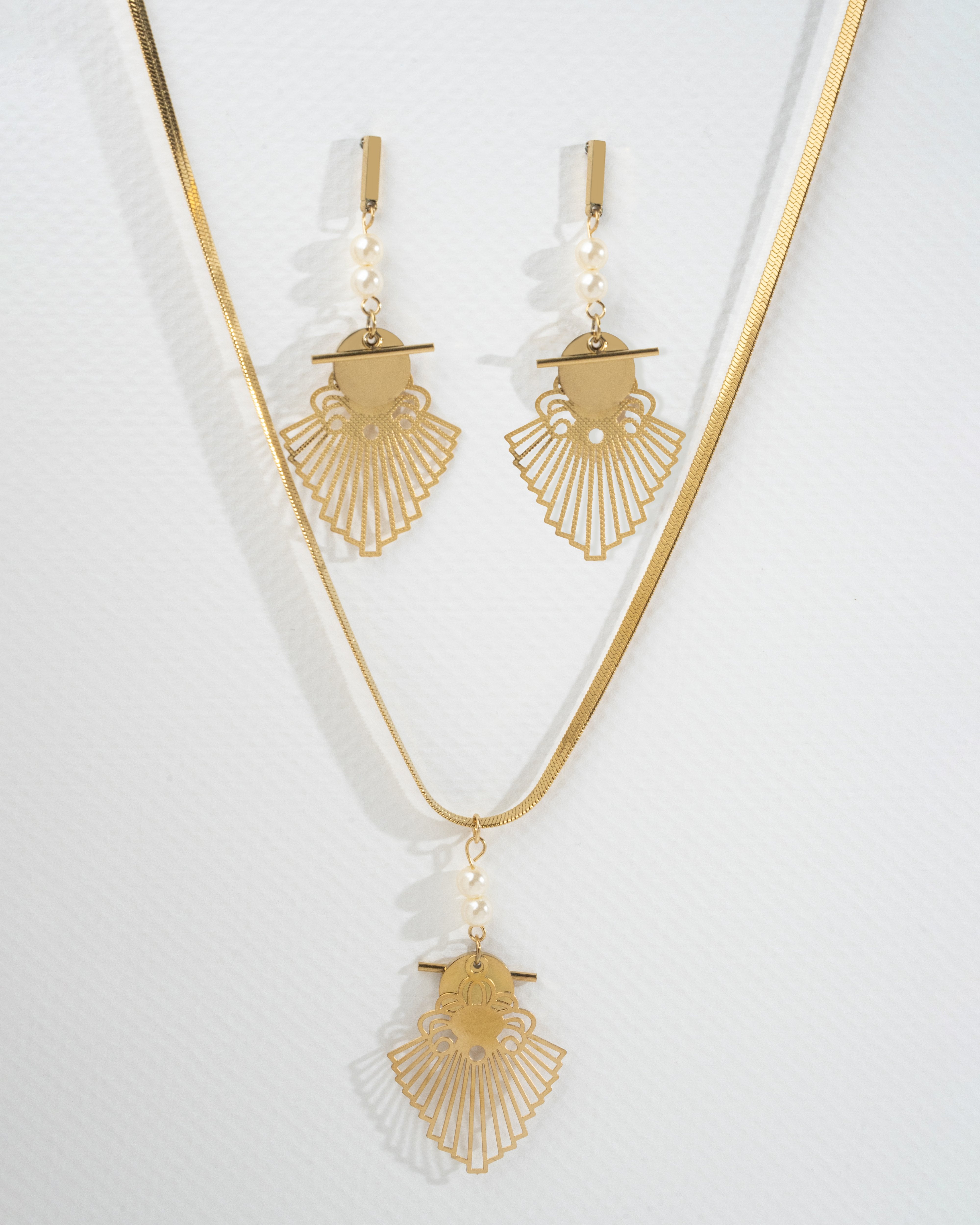 Elegant Gold Filigree Pendant and Earring Set with Pearl Accents ...