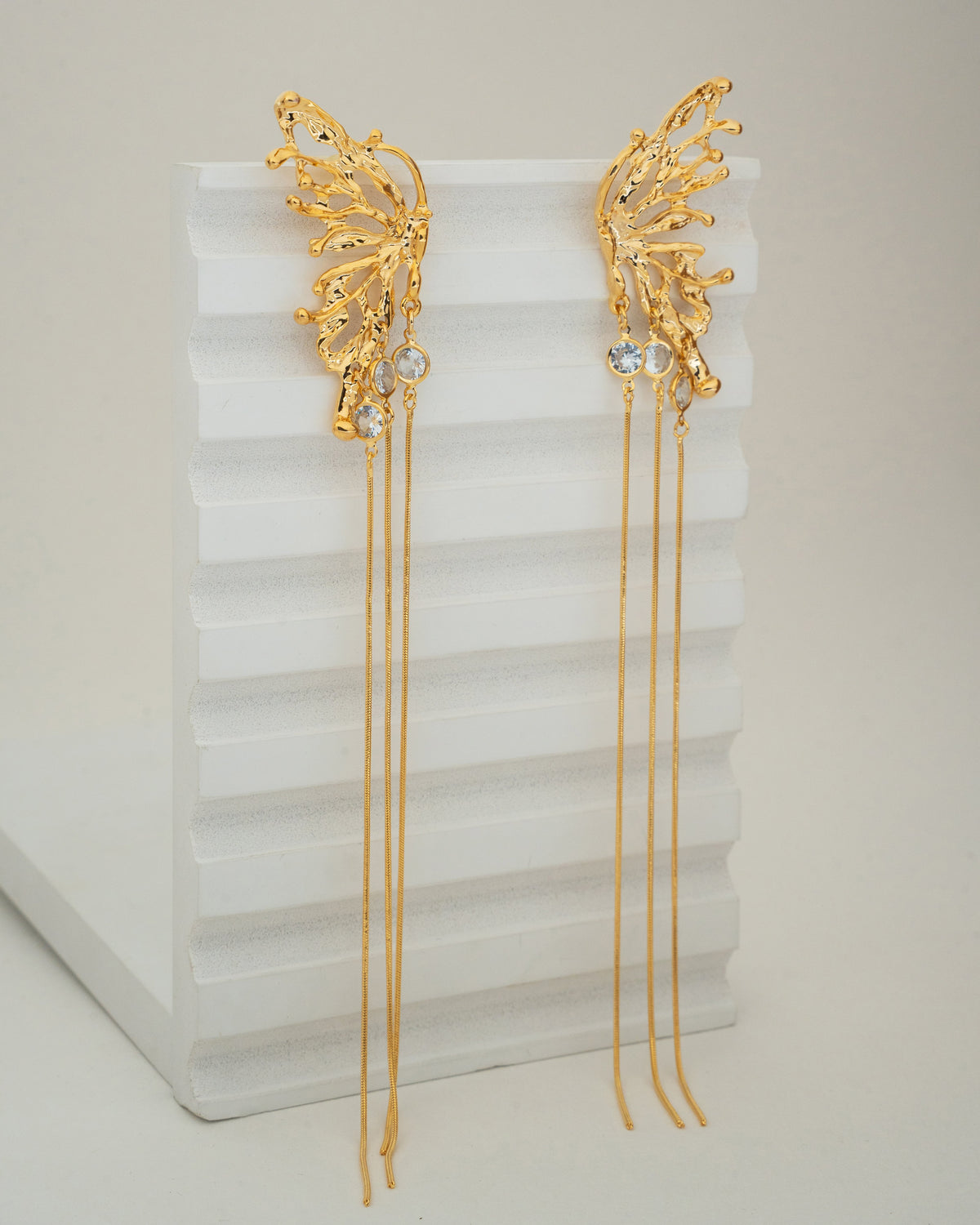 Elegant Gold-Plated Butterfly Wing Earrings with Crystal Accents