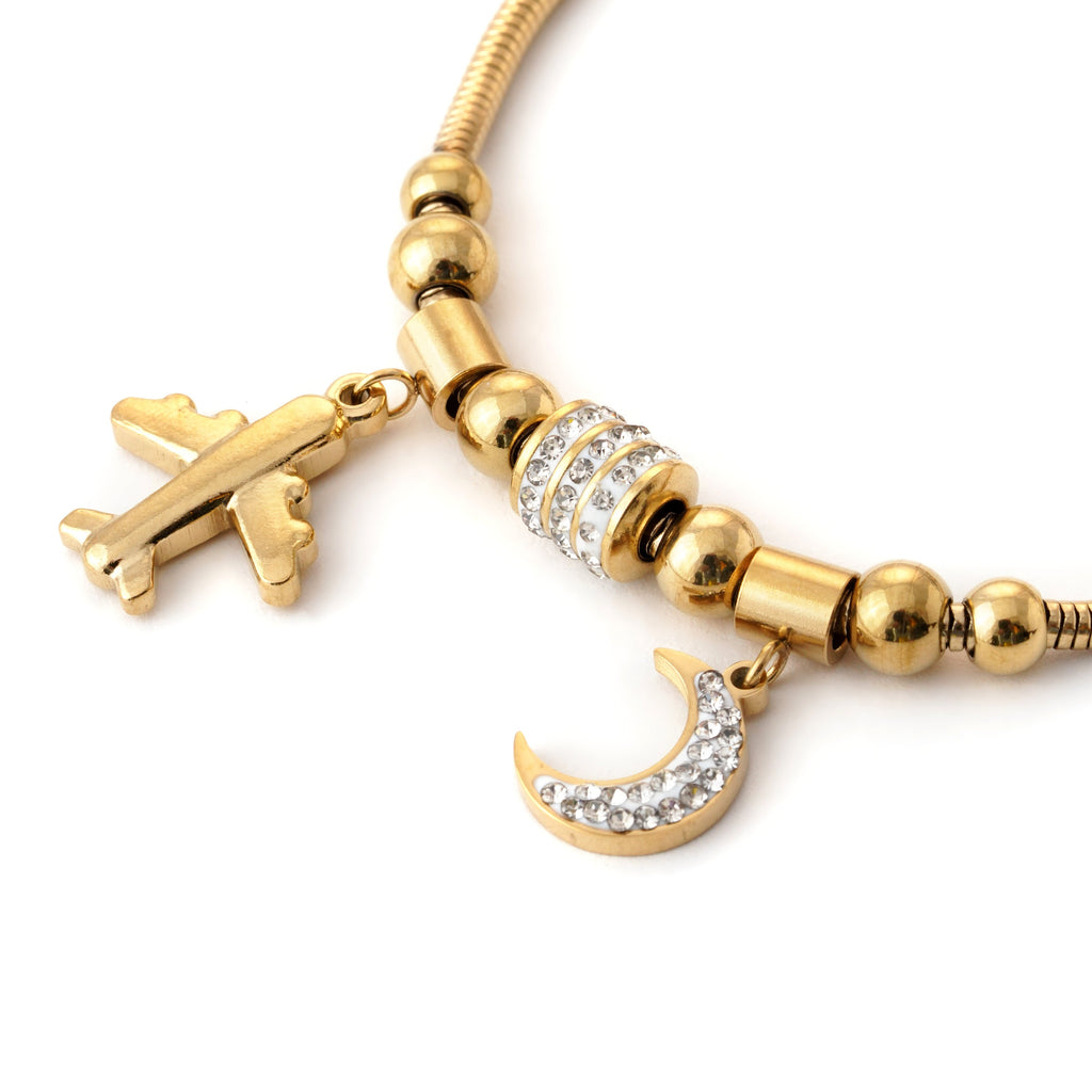Elegant Gold Bracelet with Airplane and Moon Charms