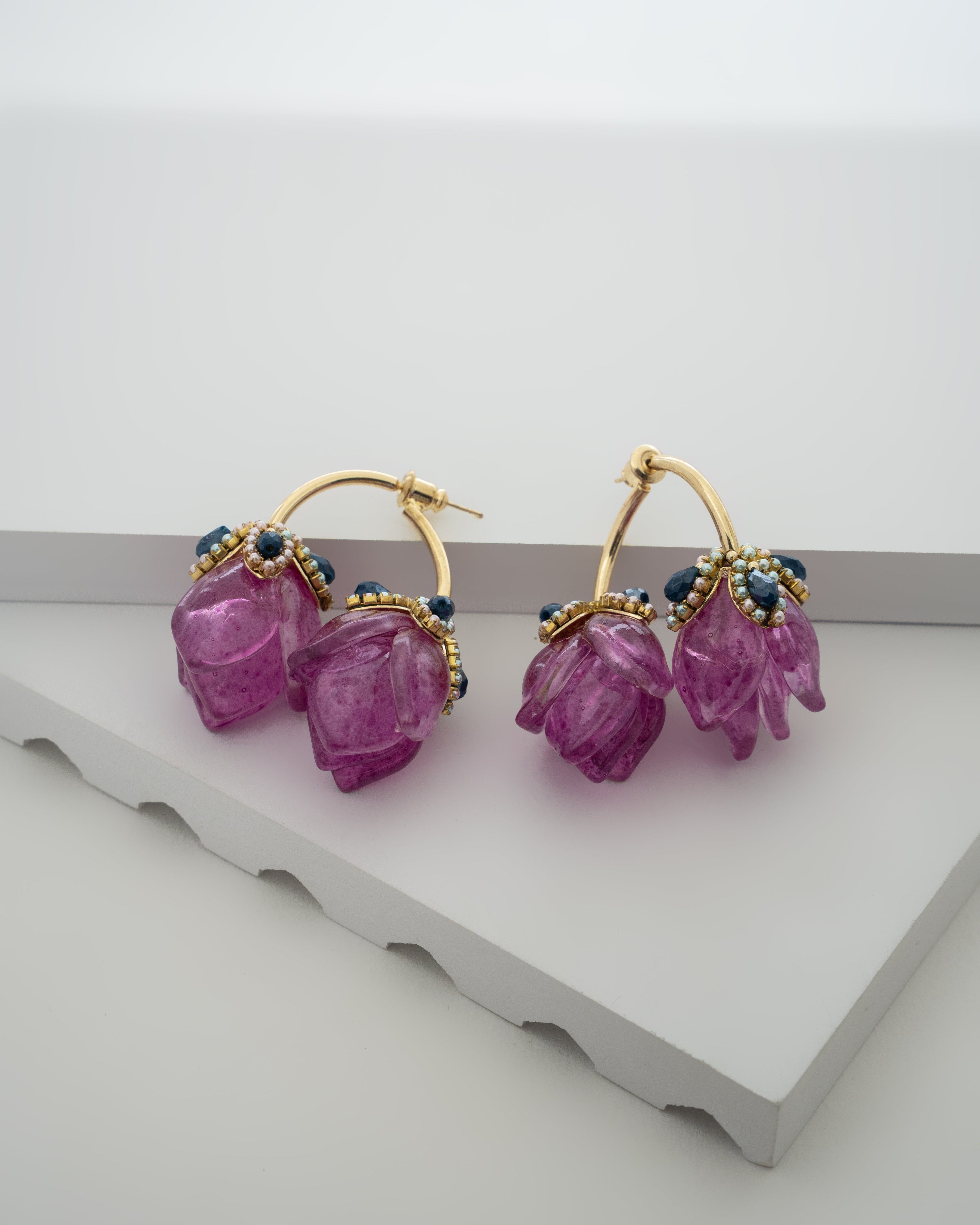 Exquisite Pink Petal Artisanal Earrings with Gem Accents