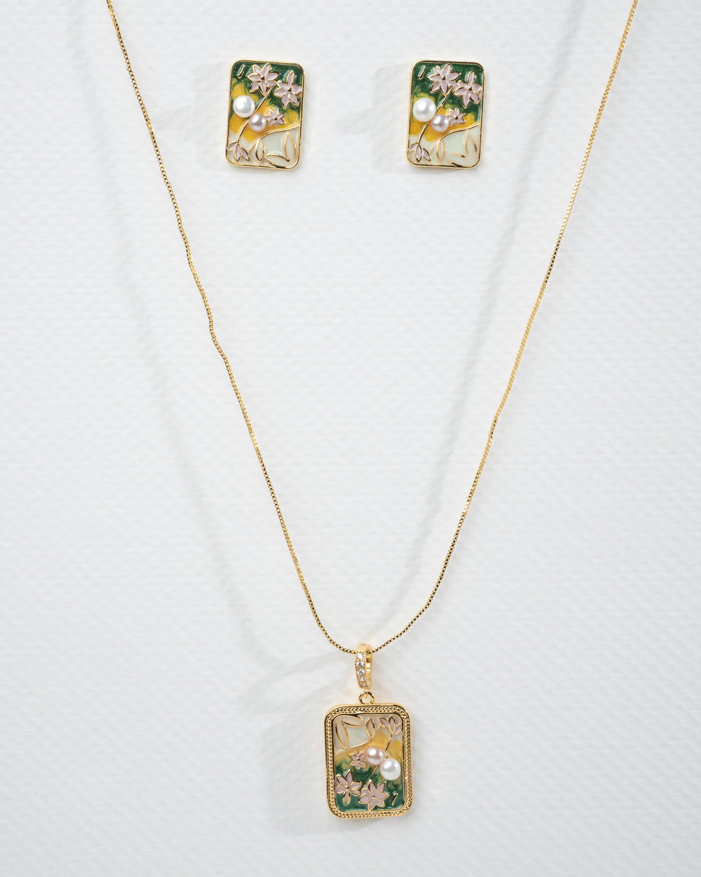 Elegant Floral Enamel Jewelry Set with Pearl Accents