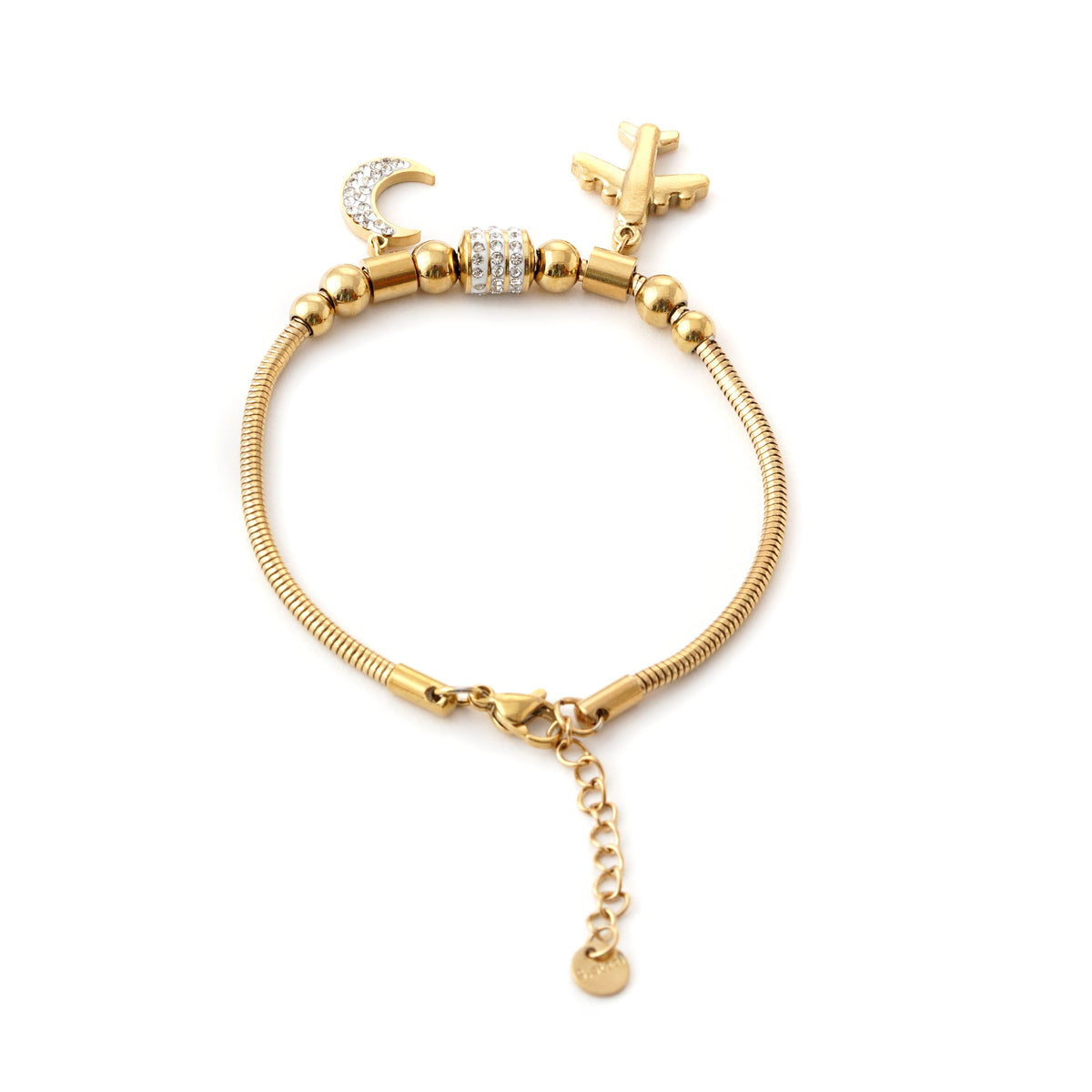 Elegant Gold Bracelet with Airplane and Moon Charms