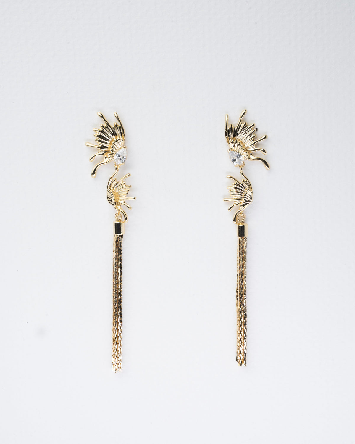 Elegant Sunburst Crystal and Gold Tassel Earrings