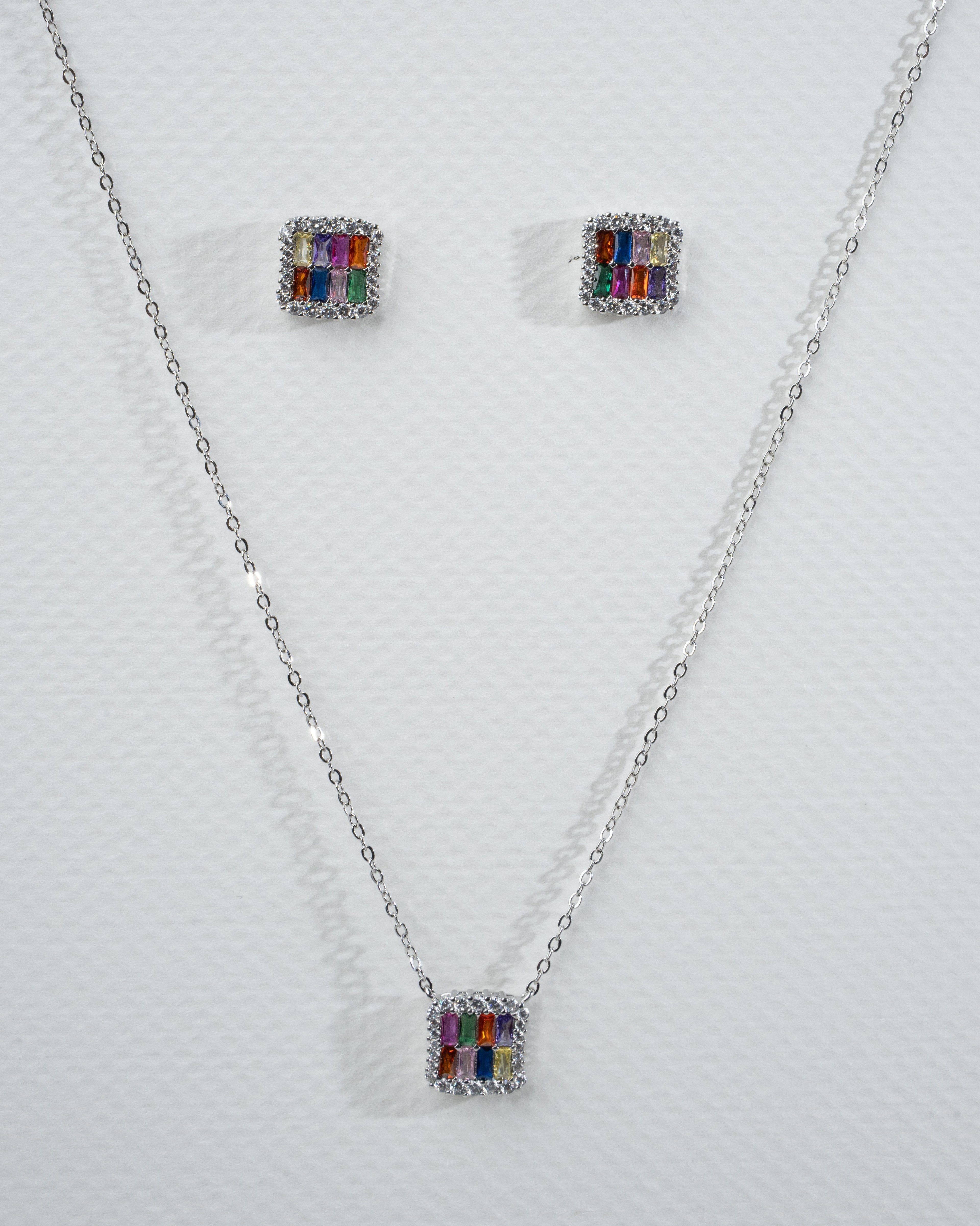 Elegant Multicolor Gemstone Silver Necklace and Earring Set