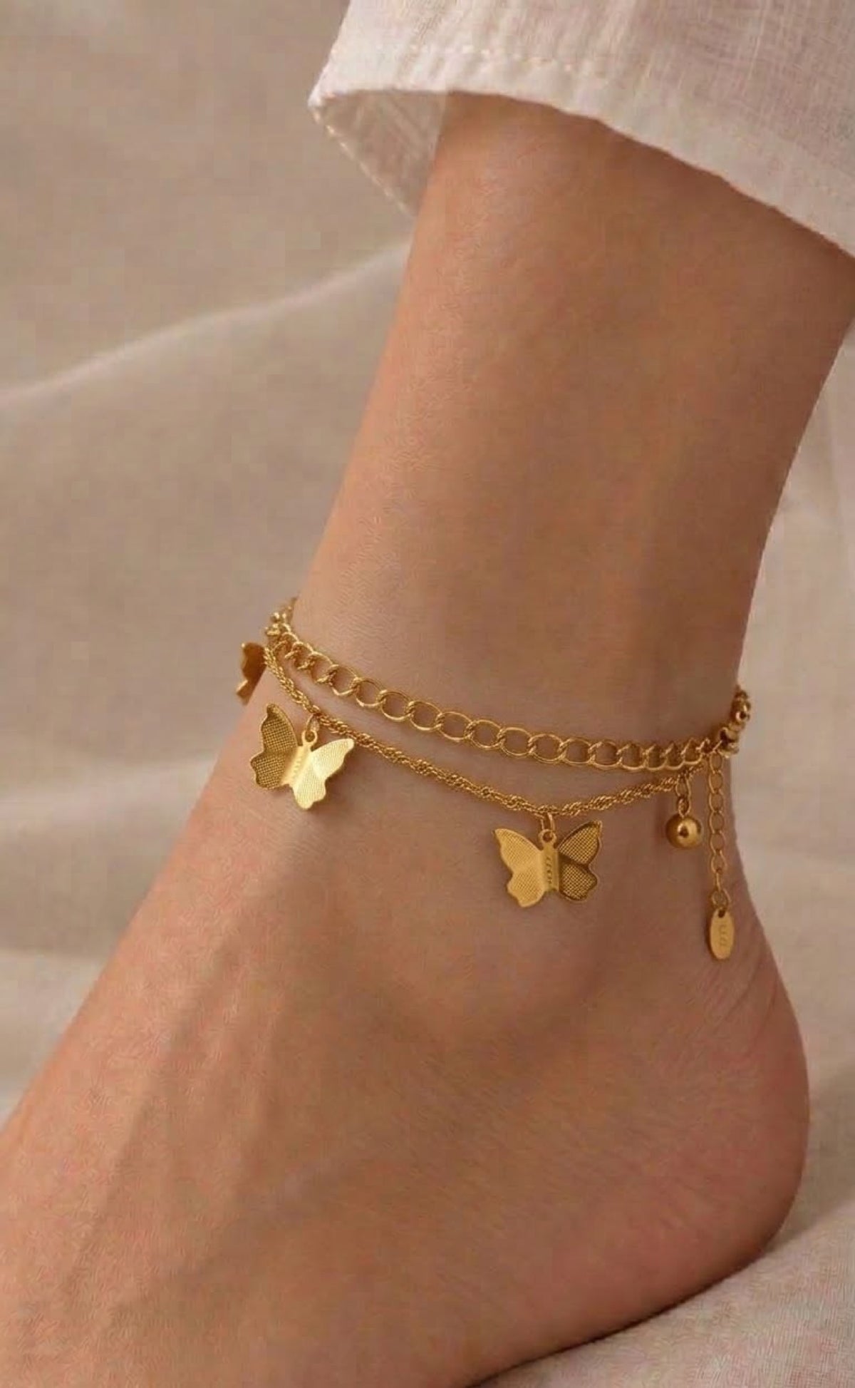 Double-layer gold-tone anklet with butterfly charms