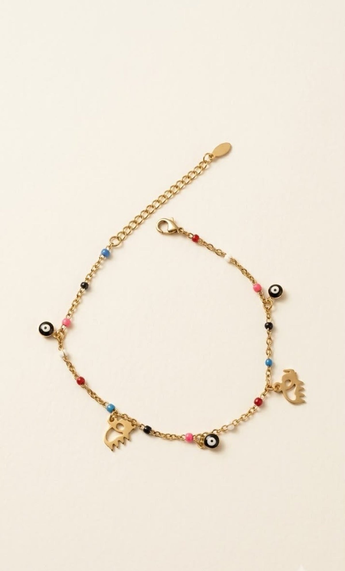 Gold-tone anklet with multicolour enamel beads, evil eye and lashed-eye charms - view 2
