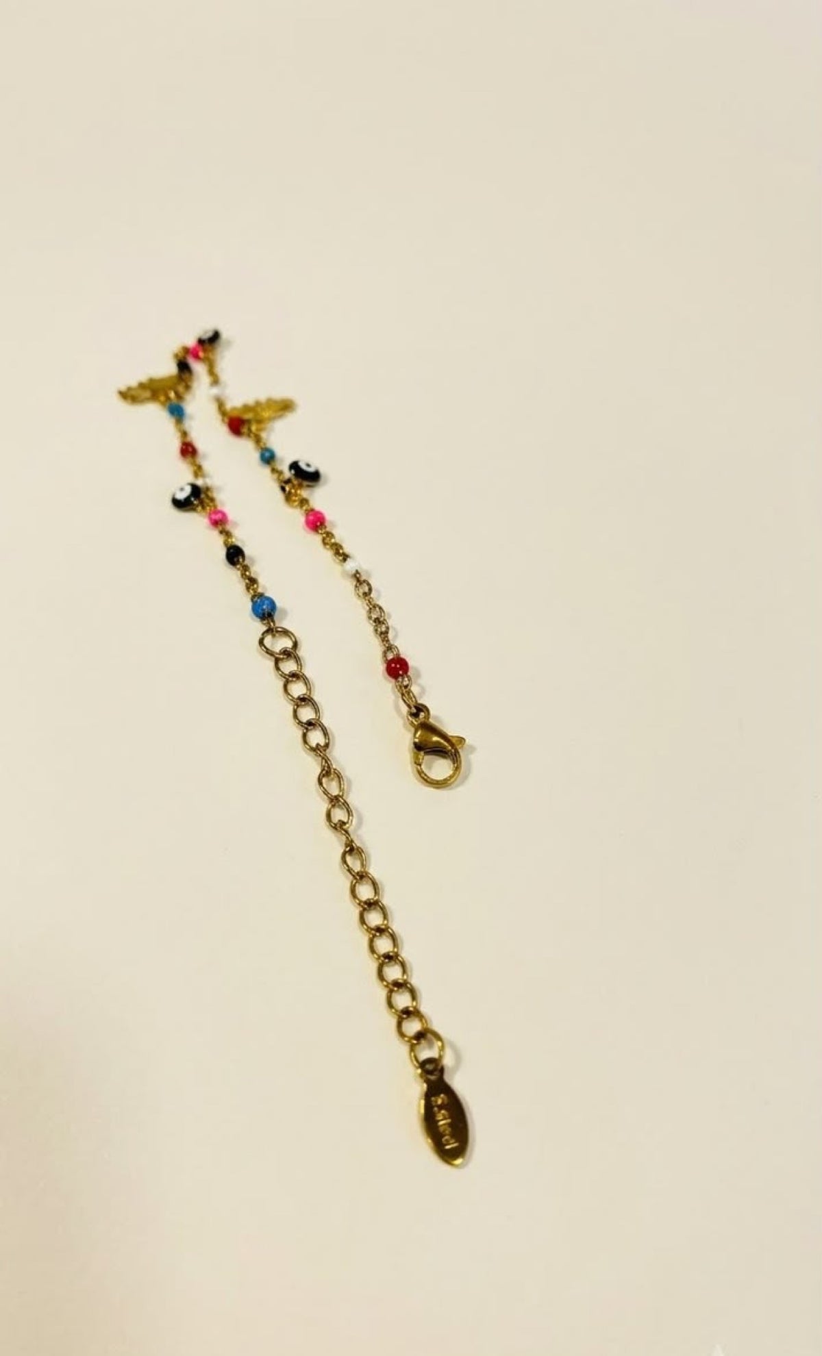 Gold-tone anklet with multicolour enamel beads, evil eye and lashed-eye charms - view 3