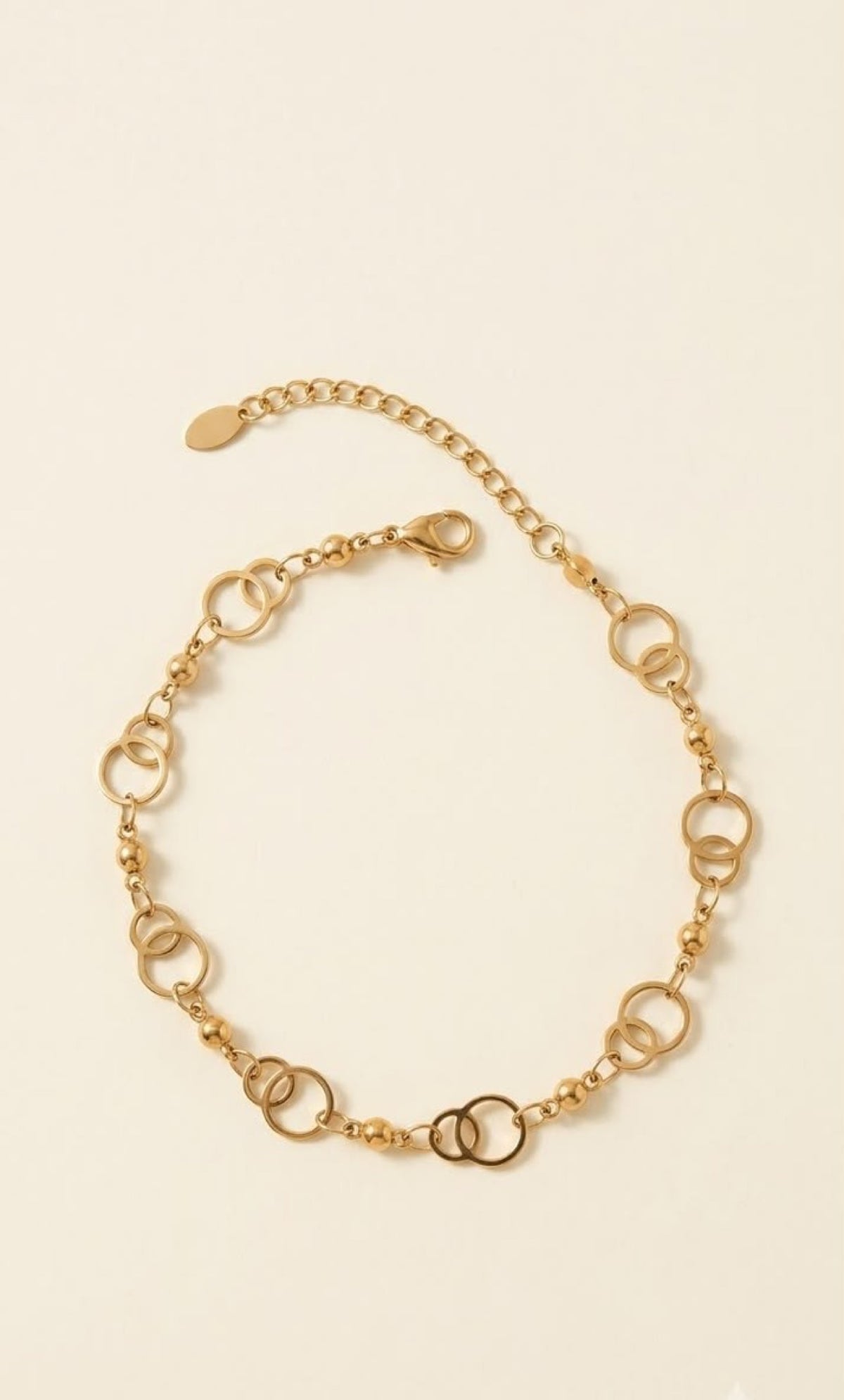 Gold-tone anklet with interlocking ring links and beads - view 2