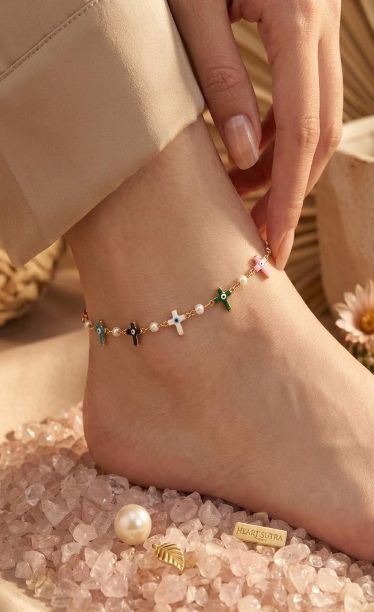 Gold-tone anklet with multicolour enamel evil eye crosses and faux pearls