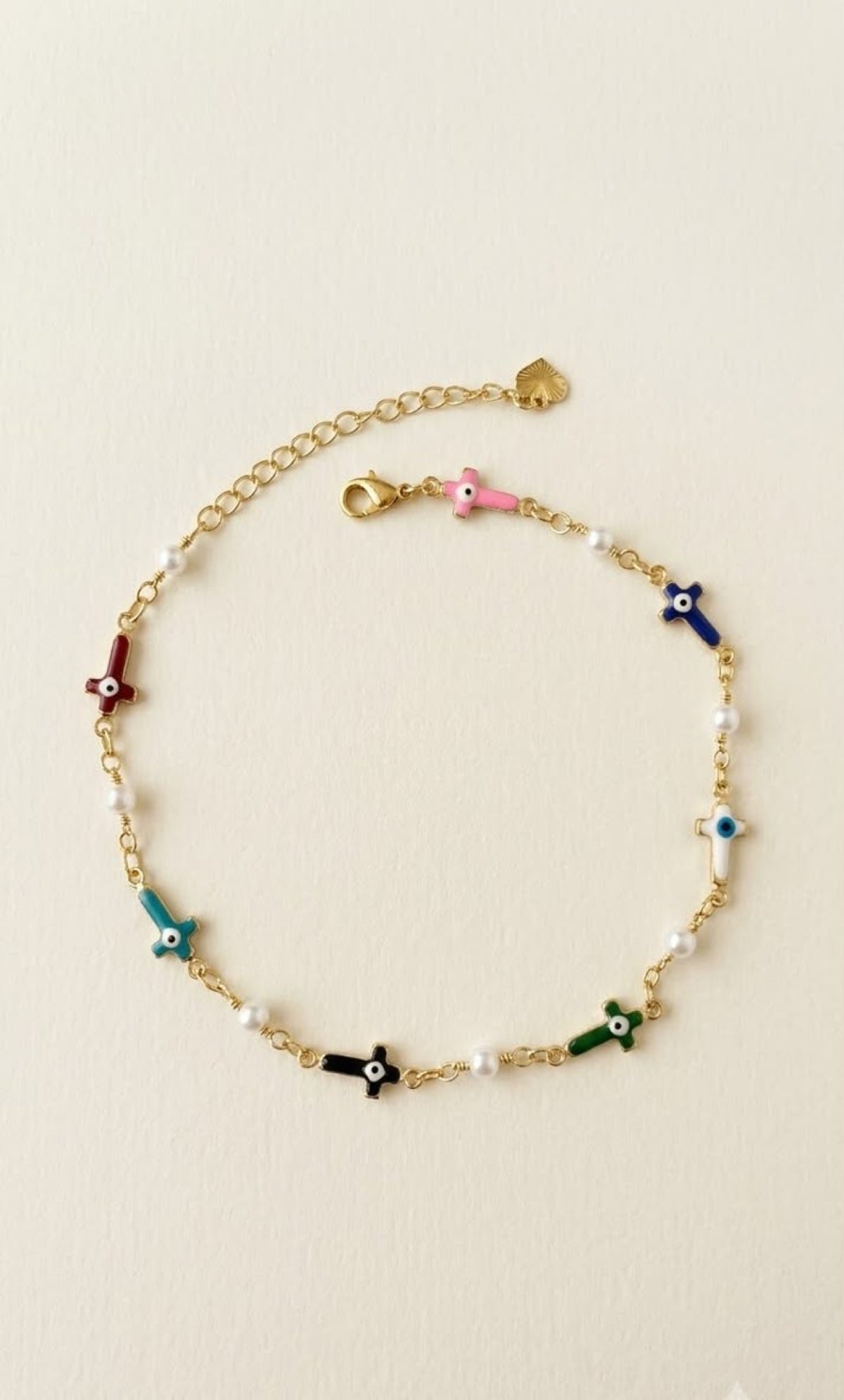 Gold-tone anklet with multicolour enamel evil eye crosses and faux pearls - view 2