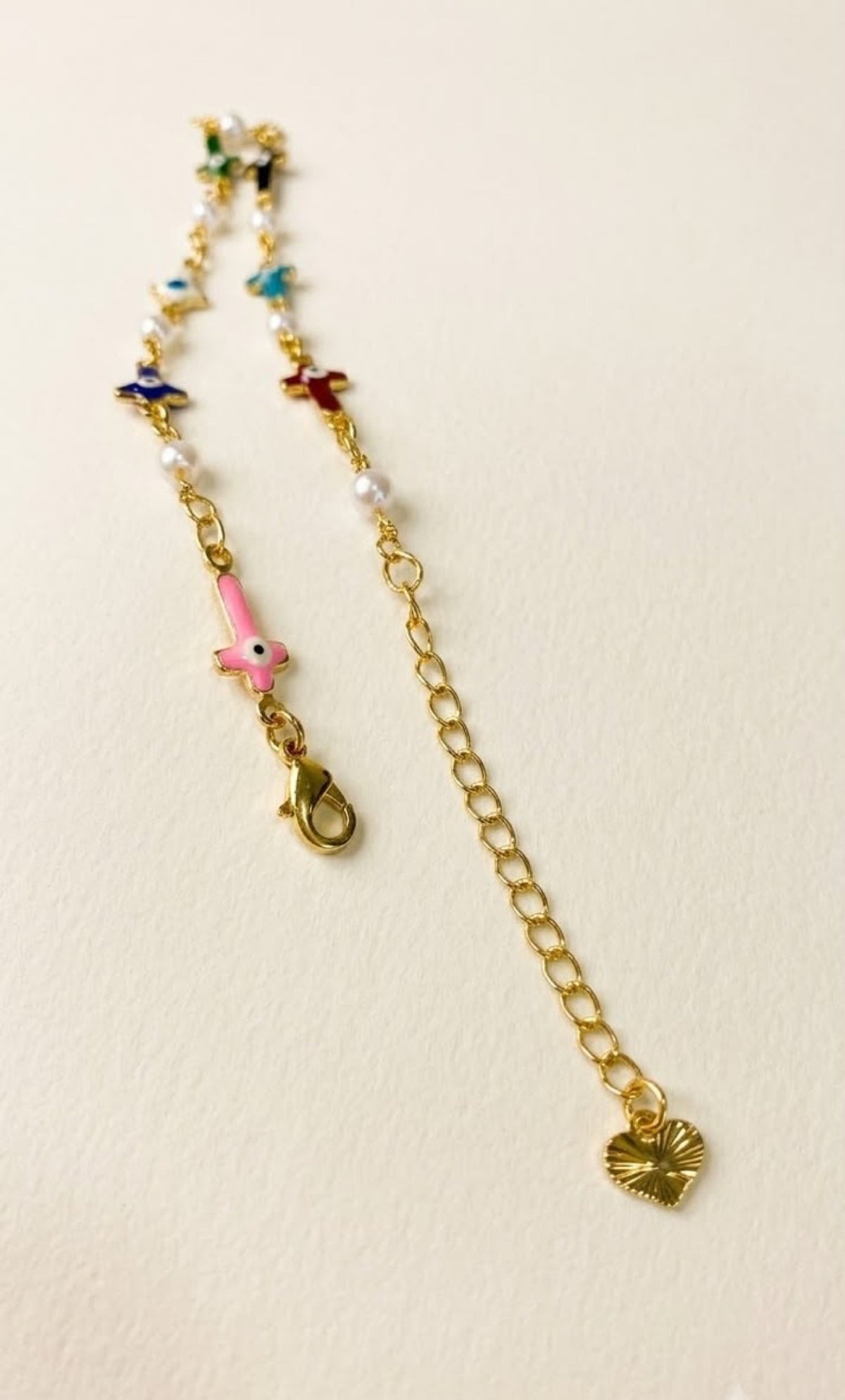 Gold-tone anklet with multicolour enamel evil eye crosses and faux pearls - view 3