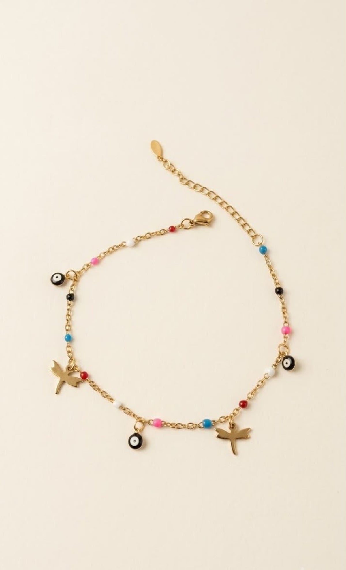 Gold-tone anklet with dragonfly charms, evil eyes and multicolour enamel beads - view 2