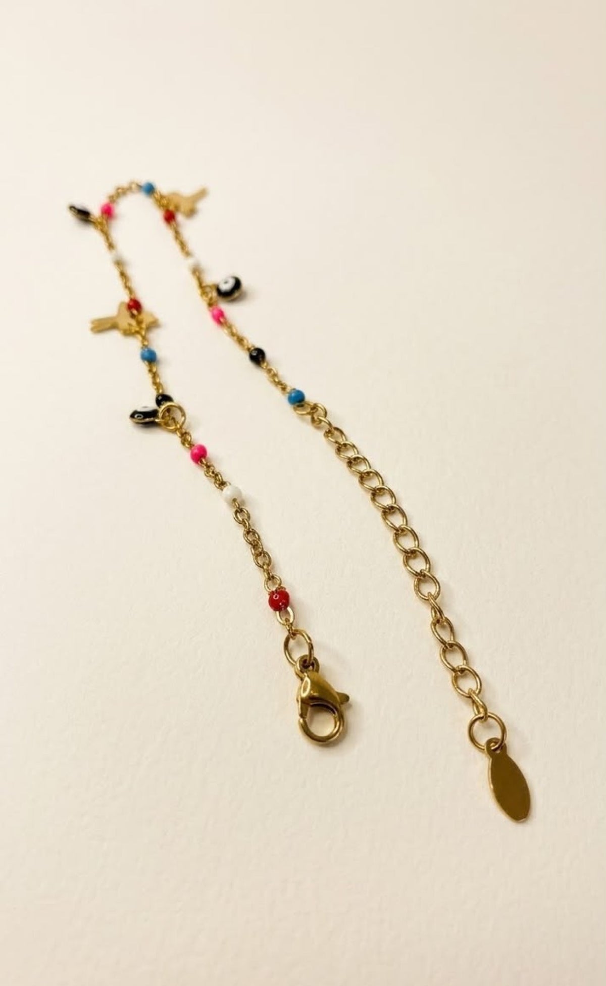 Gold-tone anklet with dragonfly charms, evil eyes and multicolour enamel beads - view 3