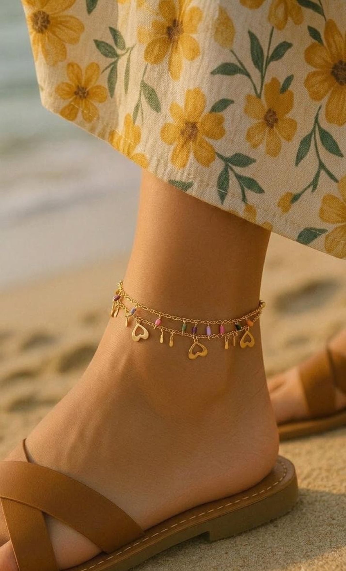 Double-layer gold-tone anklet with open heart charms and multicolour enamel bar drops