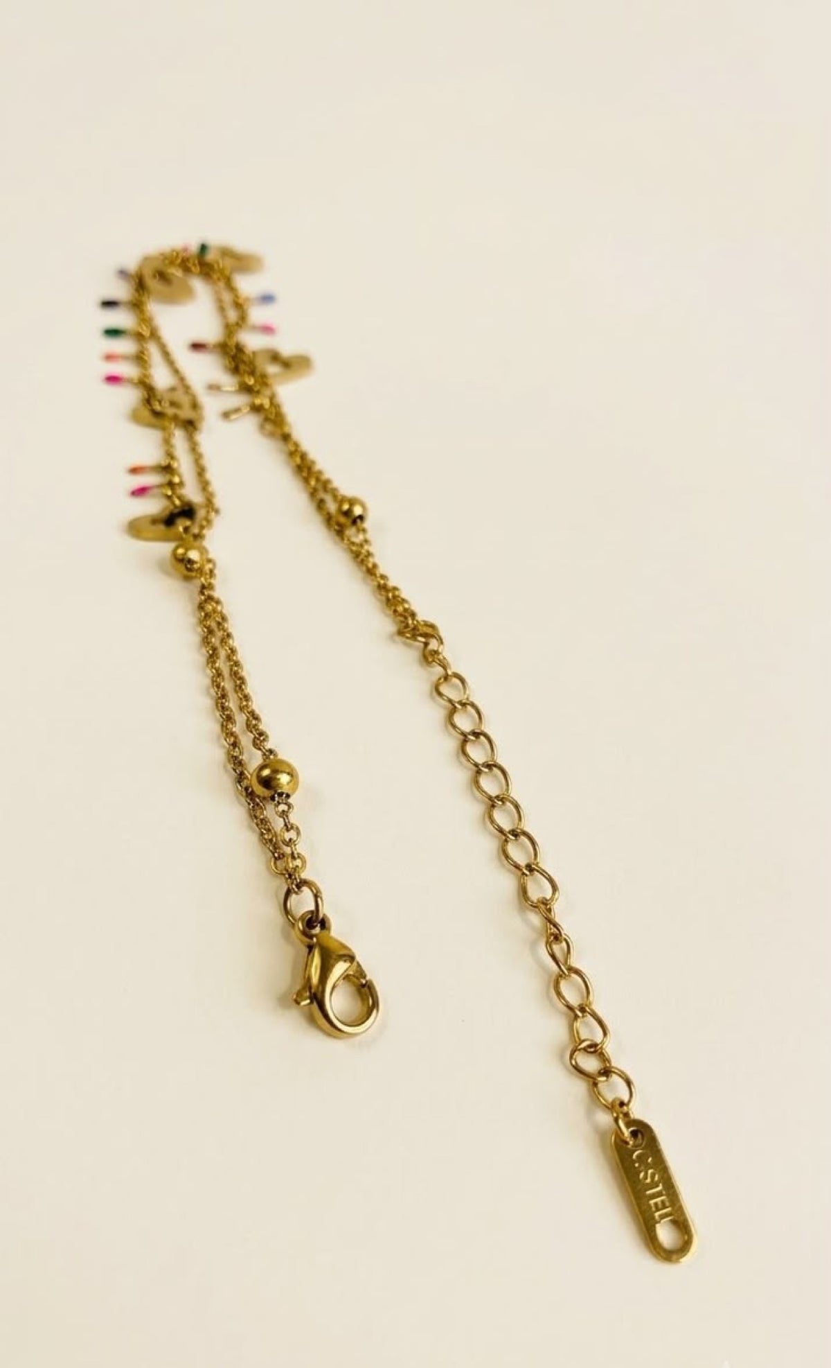 Double-layer gold-tone anklet with open heart charms and multicolour enamel bar drops - view 3