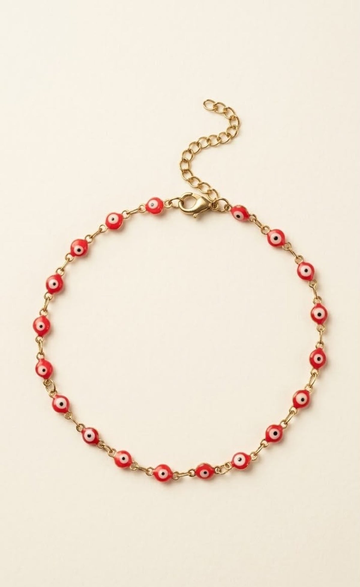 Gold-tone anklet with red enamel evil eye beads - view 2