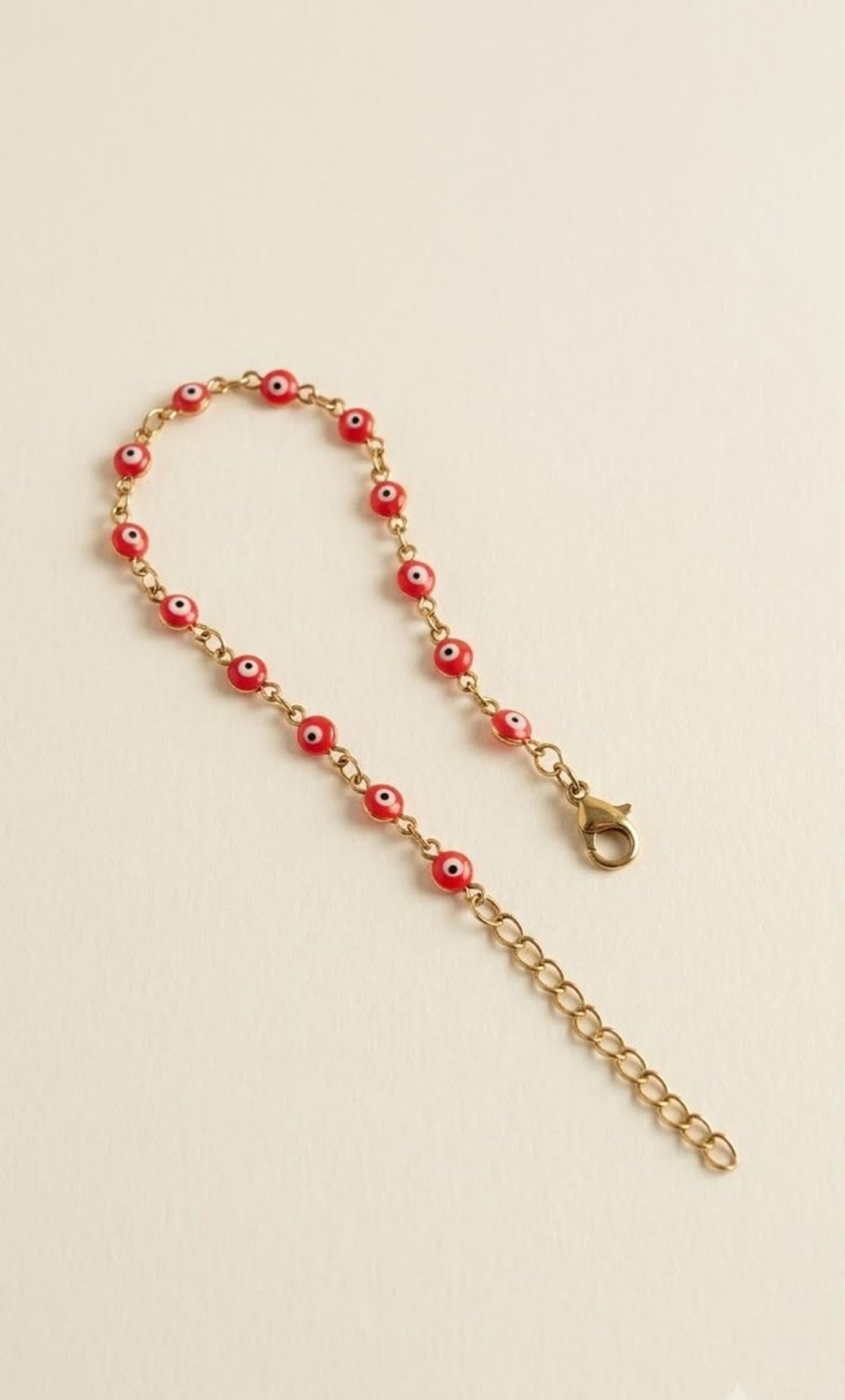 Gold-tone anklet with red enamel evil eye beads - view 3