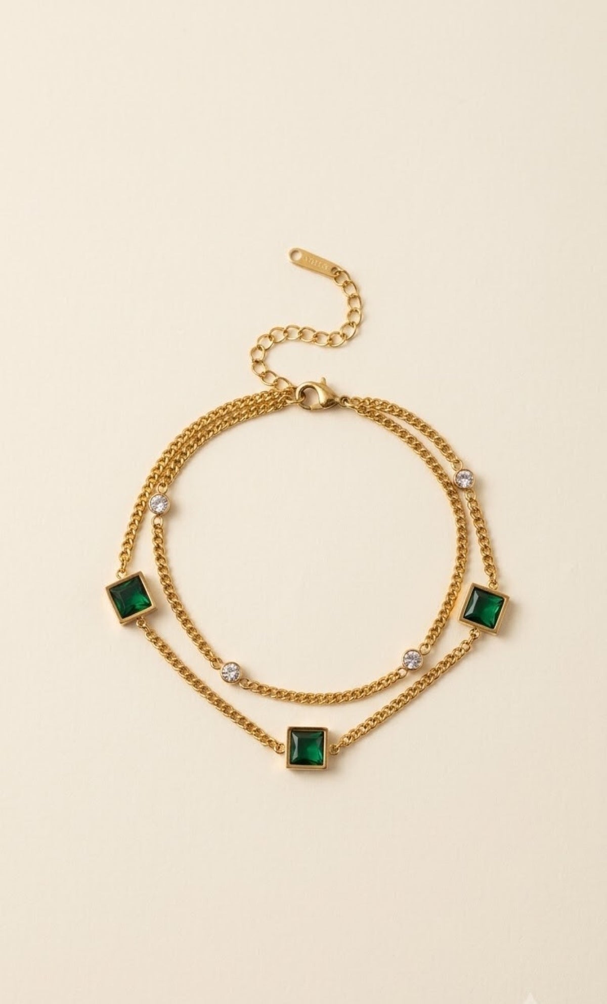 Gold-tone double-chain anklet with square green stones and crystals - view 2