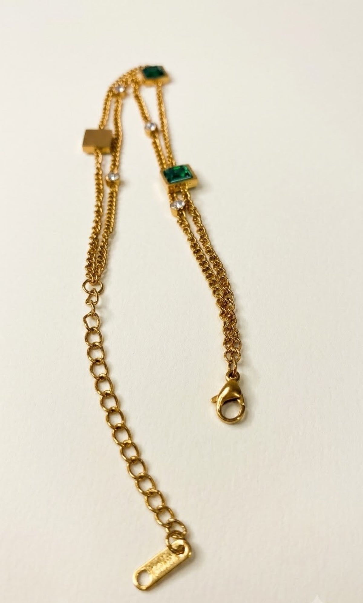 Gold-tone double-chain anklet with square green stones and crystals - view 3