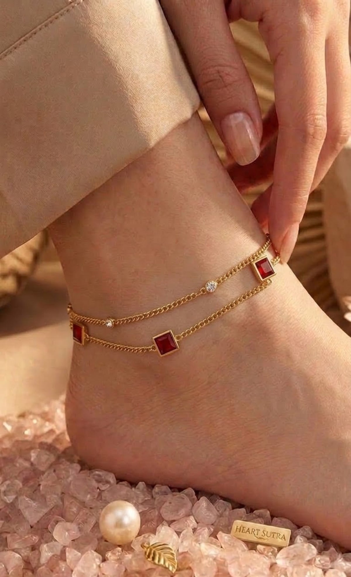 Gold-tone double-chain anklet with square red stones and crystals
