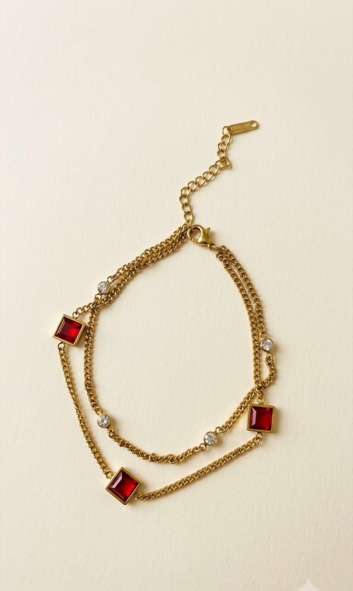 Gold-tone double-chain anklet with square red stones and crystals - view 2