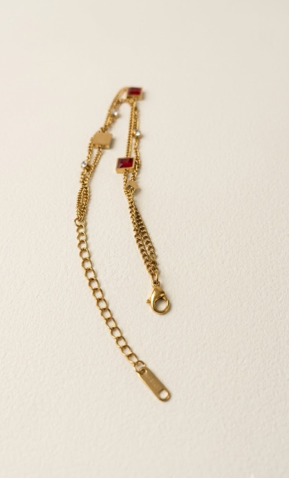 Gold-tone double-chain anklet with square red stones and crystals - view 3
