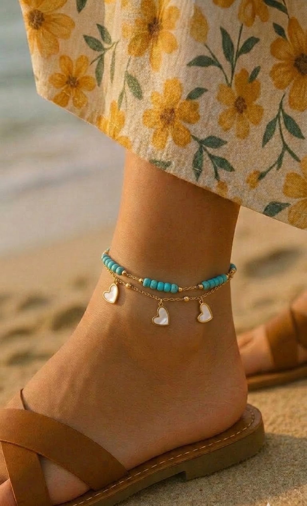 Gold-tone double-chain anklet with turquoise beads and white heart charms