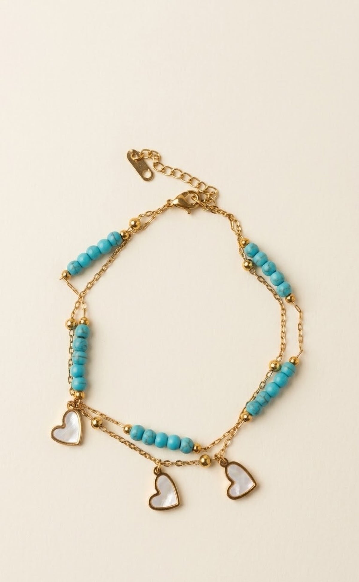 Gold-tone double-chain anklet with turquoise beads and white heart charms - view 2