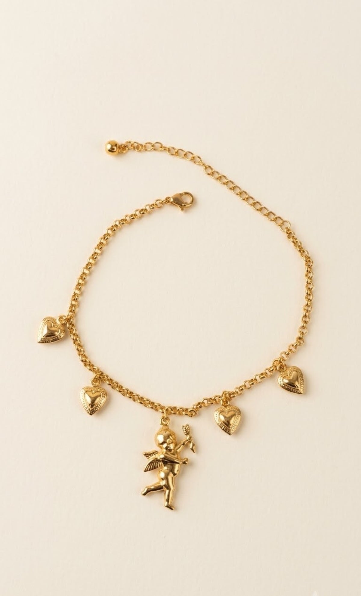 Gold-tone anklet with Cupid charm and puffed heart charms - view 2