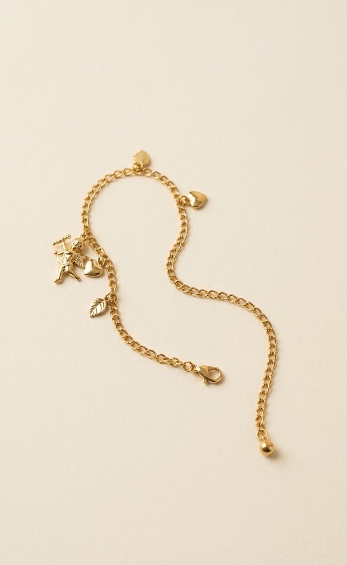Gold-tone anklet with Cupid charm and puffed heart charms - view 3