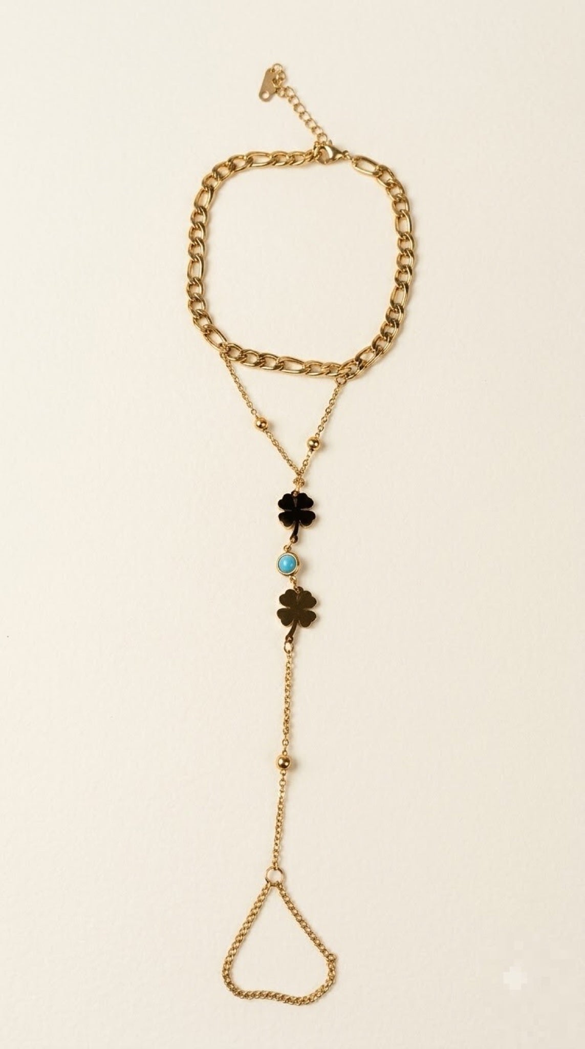 Pair of gold-tone Figaro chain barefoot anklets with clover charms and turquoise bead - view 2