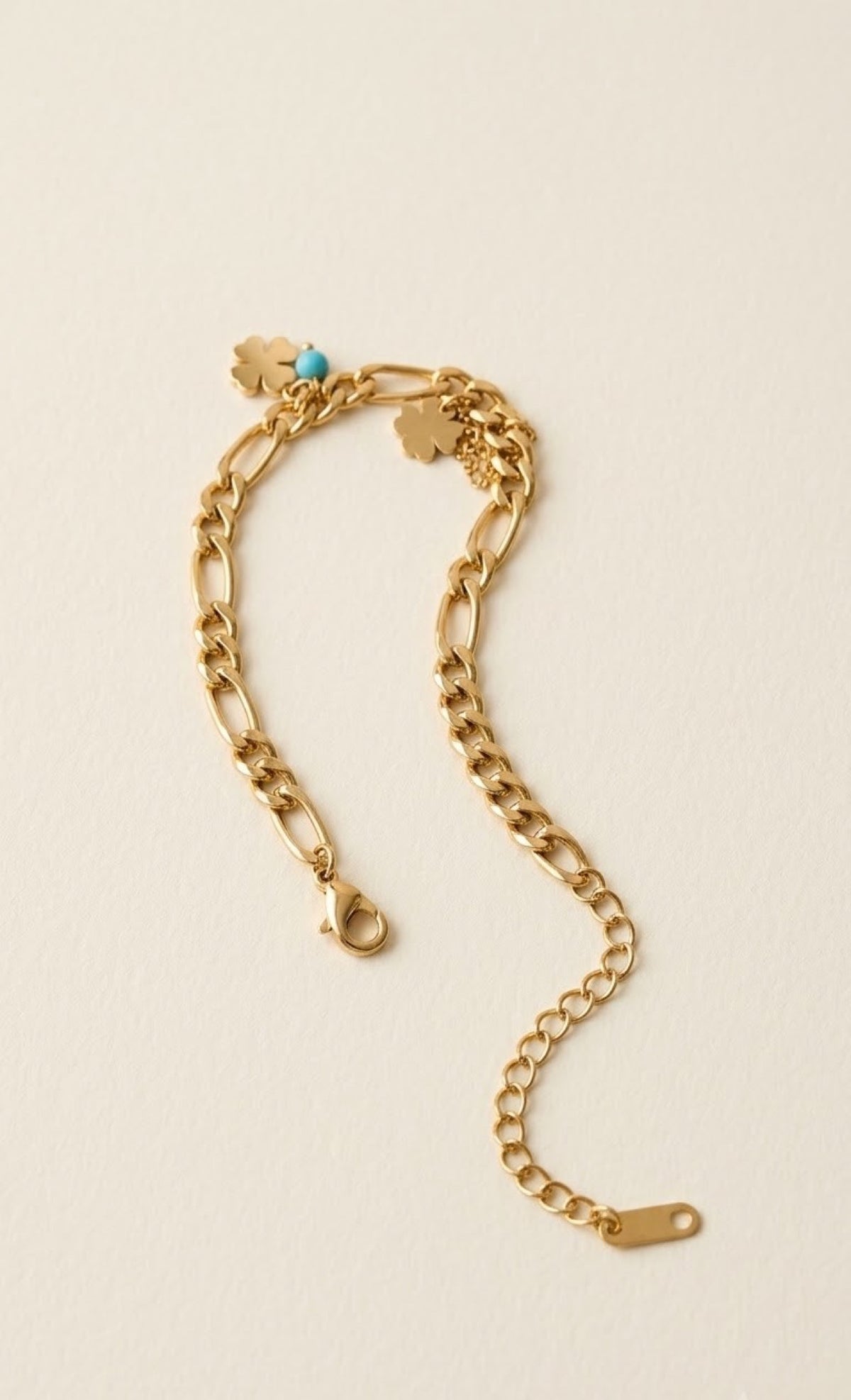 Pair of gold-tone Figaro chain barefoot anklets with clover charms and turquoise bead - view 3