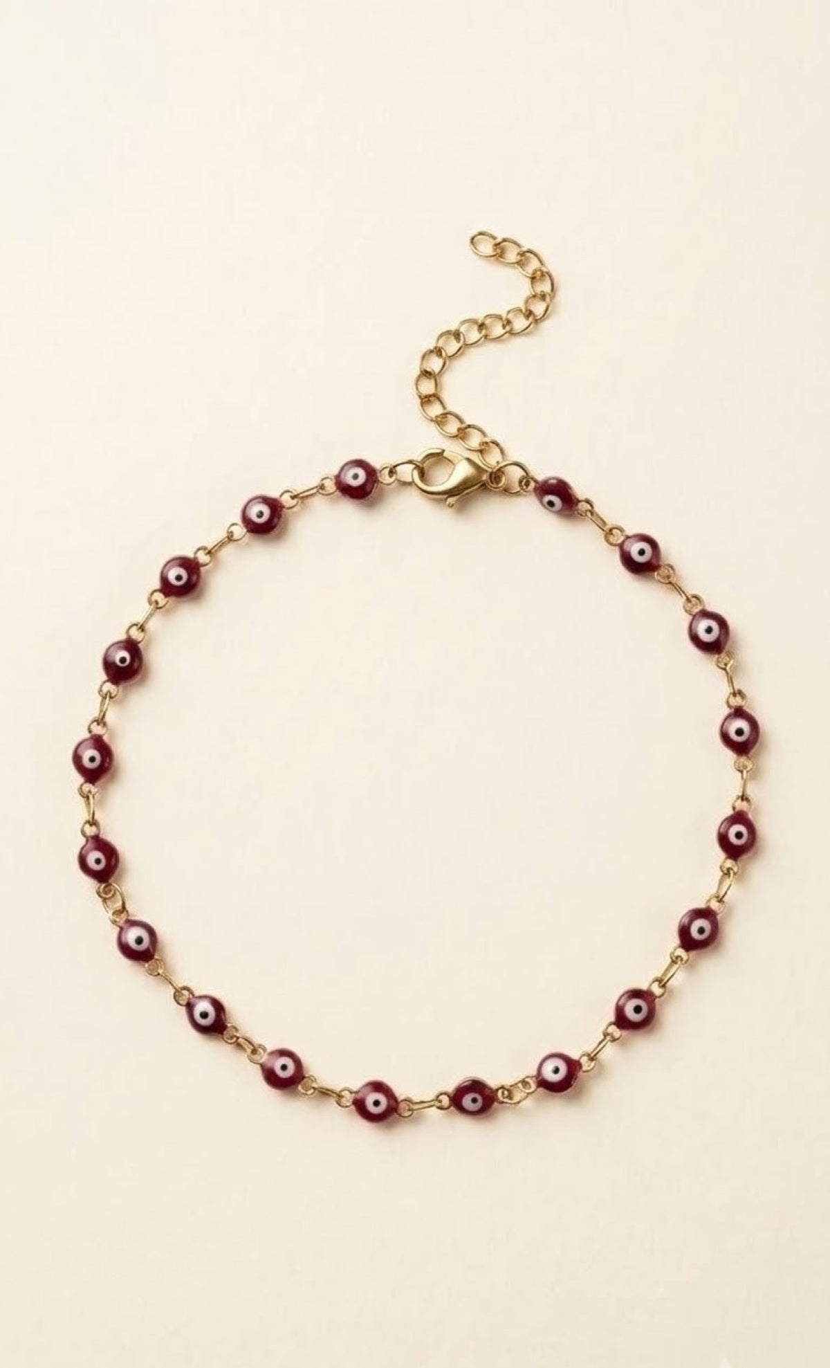 Gold-tone anklet with maroon enamel evil eye beads - view 2