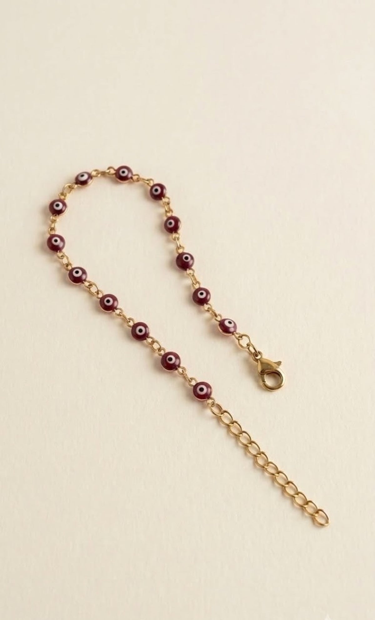 Gold-tone anklet with maroon enamel evil eye beads - view 3